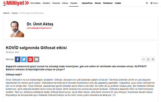 Covid Salgınında Glifosat Etkisi / Milliyet .com.tr