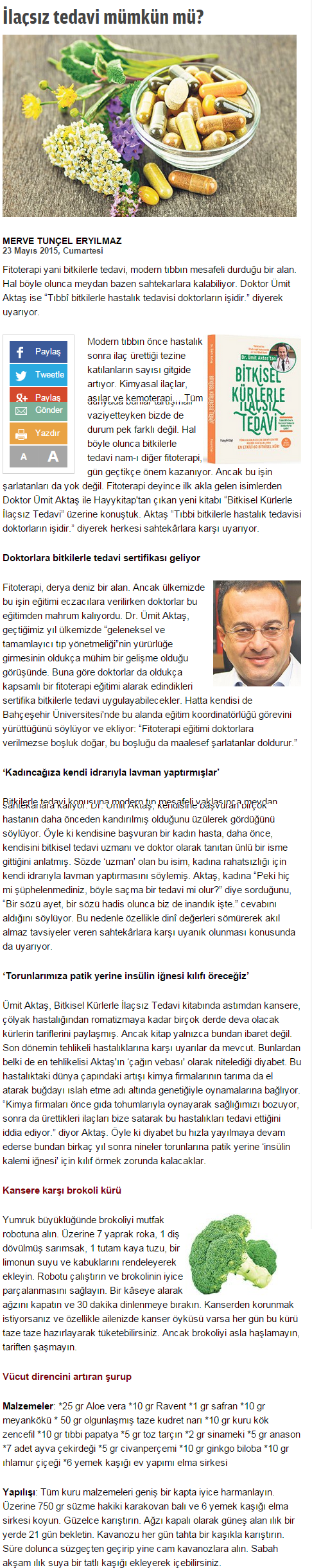 İlaçsız Tedavi Mümkün Mü? Zaman Gazetesi /Cumaertesi