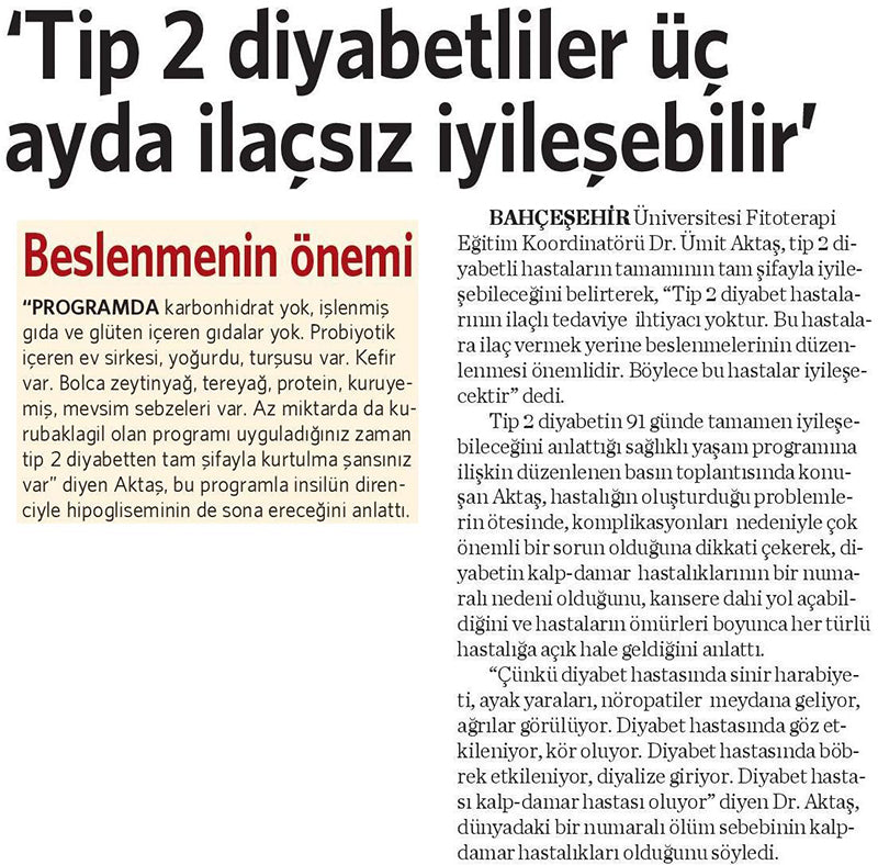 Tip 2 Diyabetliler Üç Ayda İlaçsız İyileşebilir / Vatan