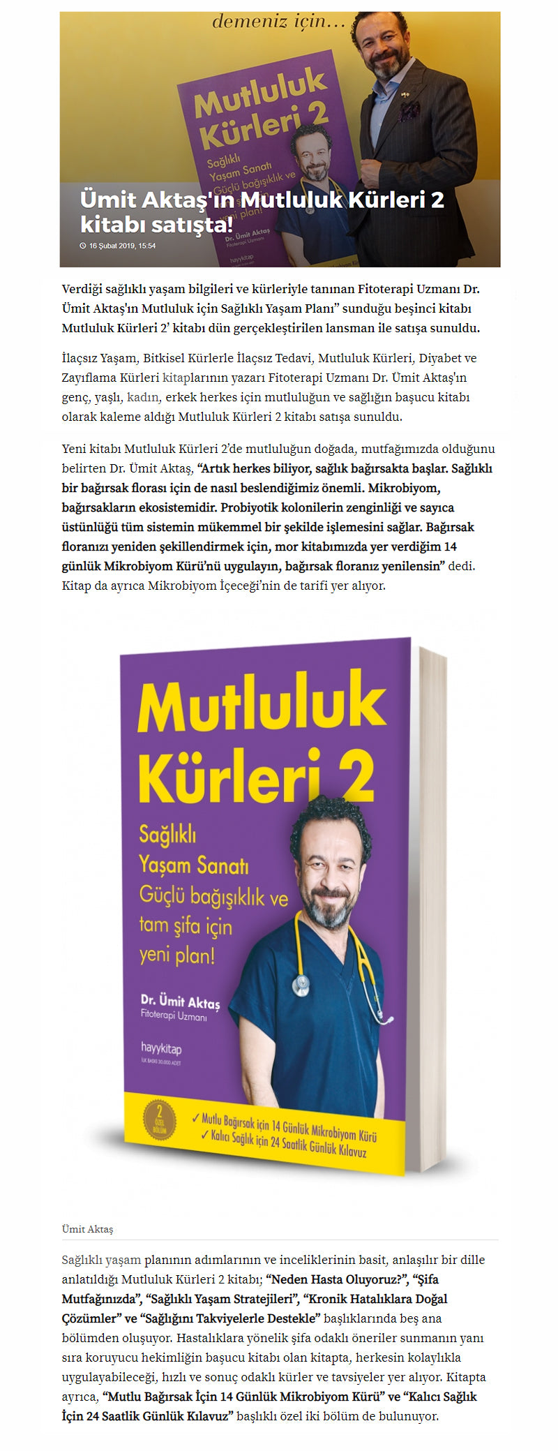 Ümit Aktaş’ın Mutluk Kürleri 2 Kitabı Satışta / Yasemin.com